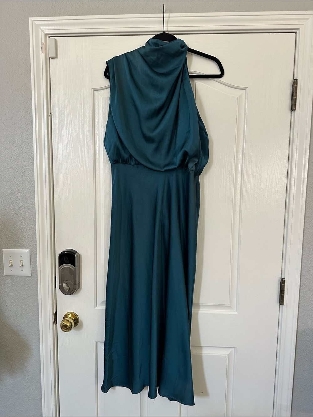 Petal & Pup Teal One-Shoulder Satin Maxi Dress